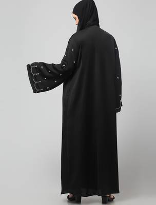 both front shoulder to bottom , sleeves and hijab stone hand embroidered with inner cardigan style abaya with hijab 2