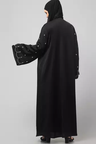 both front shoulder to bottom , sleeves and hijab stone hand embroidered with inner cardigan style abaya with hijab