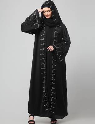 both front shoulder to bottom , sleeves and hijab stone hand embroidered with inner cardigan style abaya with hijab 3