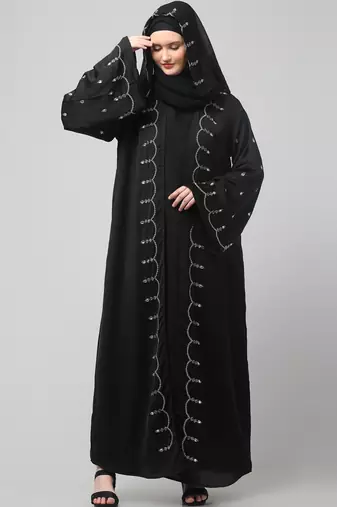 both front shoulder to bottom , sleeves and hijab stone hand embroidered with inner cardigan style abaya with hijab