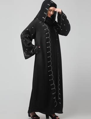 both front shoulder to bottom , sleeves and hijab stone hand embroidered with inner cardigan style abaya with hijab 4