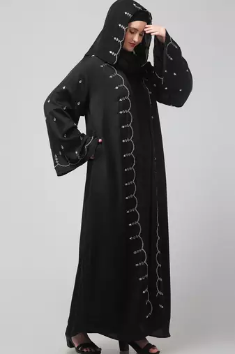 both front shoulder to bottom , sleeves and hijab stone hand embroidered with inner cardigan style abaya with hijab