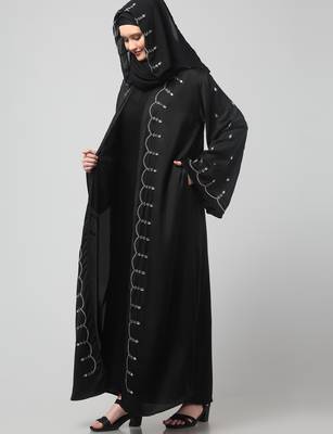 both front shoulder to bottom , sleeves and hijab stone hand embroidered with inner cardigan style abaya with hijab 5