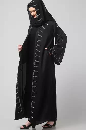 both front shoulder to bottom , sleeves and hijab stone hand embroidered with inner cardigan style abaya with hijab