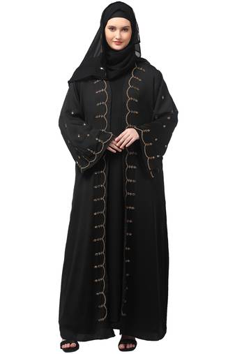both front shoulder to bottom , sleeves and hijab stone hand embroidered with inner cardigan style abaya with hijab
