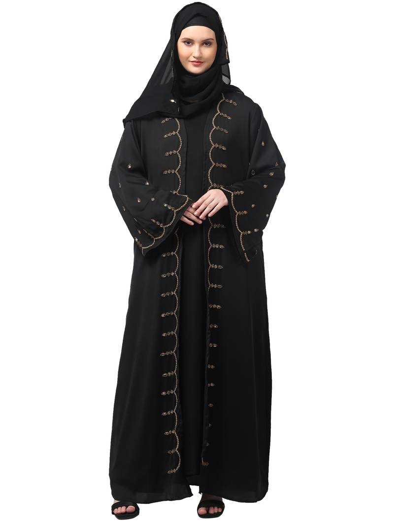 both front shoulder to bottom , sleeves and hijab stone hand embroidered with inner cardigan style abaya with hijab