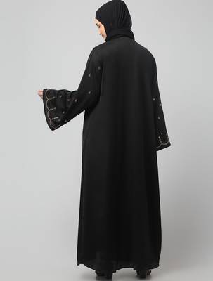 both front shoulder to bottom , sleeves and hijab stone hand embroidered with inner cardigan style abaya with hijab 2
