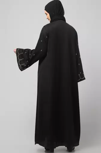 both front shoulder to bottom , sleeves and hijab stone hand embroidered with inner cardigan style abaya with hijab