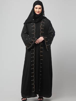both front shoulder to bottom , sleeves and hijab stone hand embroidered with inner cardigan style abaya with hijab 3