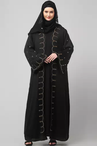 both front shoulder to bottom , sleeves and hijab stone hand embroidered with inner cardigan style abaya with hijab