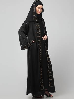 both front shoulder to bottom , sleeves and hijab stone hand embroidered with inner cardigan style abaya with hijab 4
