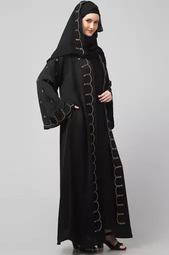 both front shoulder to bottom , sleeves and hijab stone hand embroidered with inner cardigan style abaya with hijab