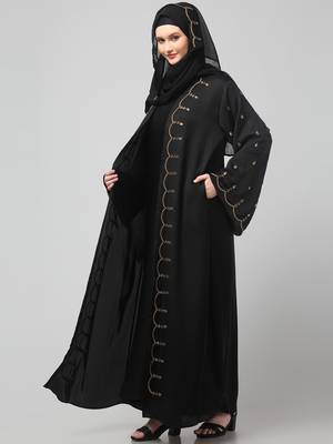 both front shoulder to bottom , sleeves and hijab stone hand embroidered with inner cardigan style abaya with hijab 5