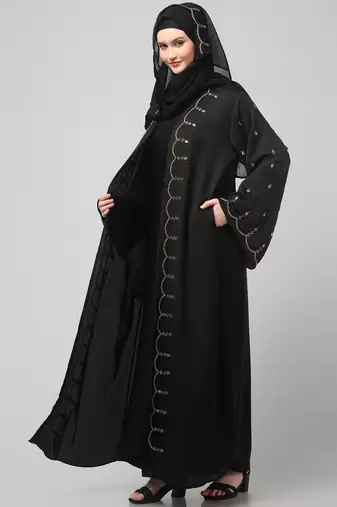 both front shoulder to bottom , sleeves and hijab stone hand embroidered with inner cardigan style abaya with hijab