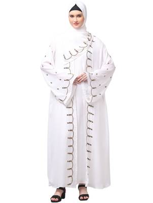 both front shoulder to bottom , sleeves and hijab stone hand embroidered with inner cardigan style abaya with hijab 1
