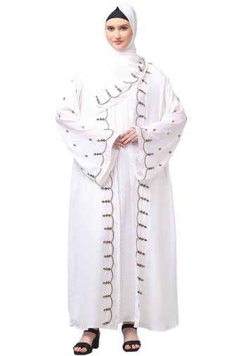 both front shoulder to bottom , sleeves and hijab stone hand embroidered with inner cardigan style abaya with hijab
