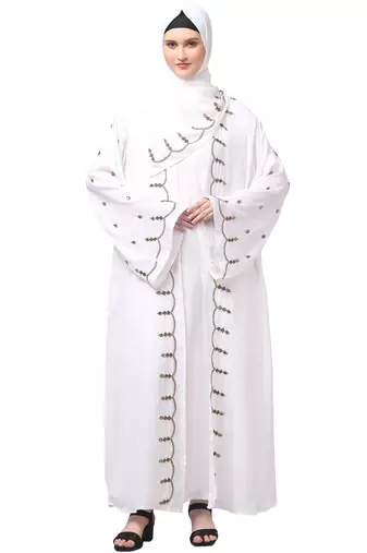 both front shoulder to bottom , sleeves and hijab stone hand embroidered with inner cardigan style abaya with hijab