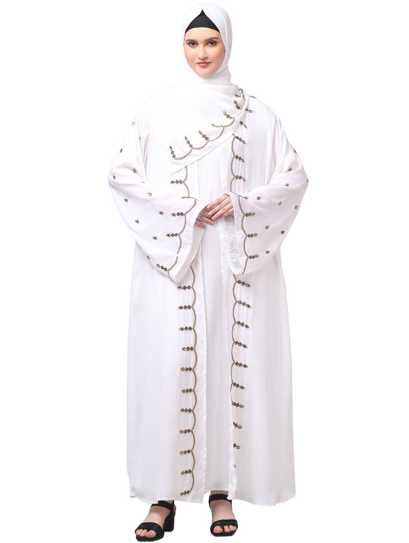 both front shoulder to bottom , sleeves and hijab stone hand embroidered with inner cardigan style abaya with hijab