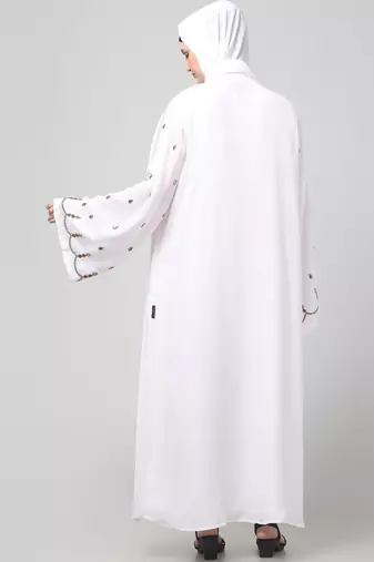 both front shoulder to bottom , sleeves and hijab stone hand embroidered with inner cardigan style abaya with hijab