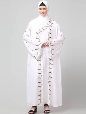 both front shoulder to bottom , sleeves and hijab stone hand embroidered with inner cardigan style abaya with hijab 3