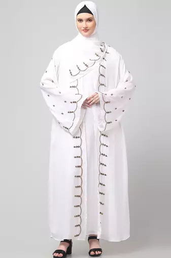 both front shoulder to bottom , sleeves and hijab stone hand embroidered with inner cardigan style abaya with hijab