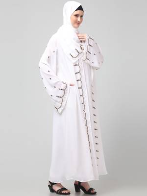 both front shoulder to bottom , sleeves and hijab stone hand embroidered with inner cardigan style abaya with hijab 4