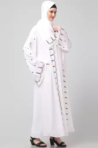 both front shoulder to bottom , sleeves and hijab stone hand embroidered with inner cardigan style abaya with hijab