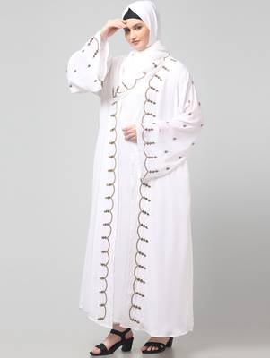 both front shoulder to bottom , sleeves and hijab stone hand embroidered with inner cardigan style abaya with hijab 5