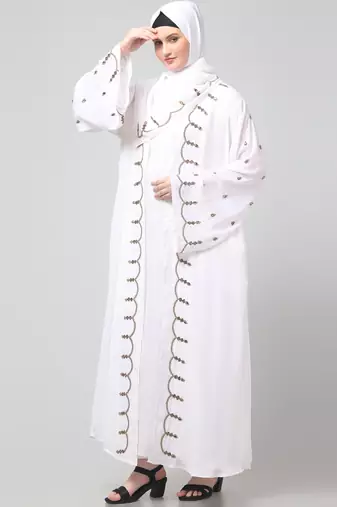 both front shoulder to bottom , sleeves and hijab stone hand embroidered with inner cardigan style abaya with hijab