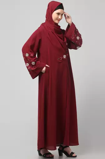 sleeves hand embrodery front open dubai style abaya with embroidered nida hijab