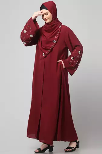 sleeves hand embrodery front open dubai style abaya with embroidered nida hijab