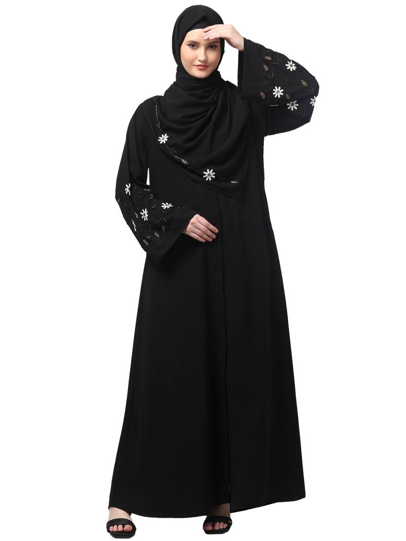 sleeves hand embrodery front open dubai style abaya with embroidered nida hijab