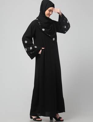 sleeves hand embrodery front open dubai style abaya with embroidered nida hijab 4