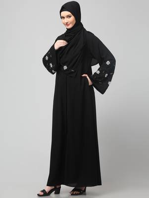 sleeves hand embrodery front open dubai style abaya with embroidered nida hijab 5