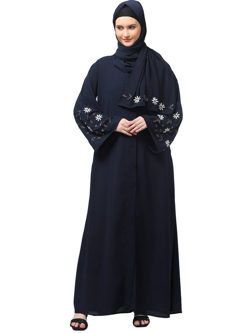 sleeves hand embrodery front open dubai style abaya with embroidered nida hijab