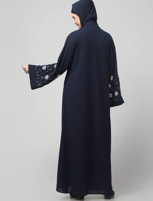 sleeves hand embrodery front open dubai style abaya with embroidered nida hijab 2