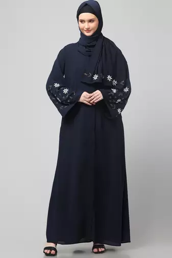 sleeves hand embrodery front open dubai style abaya with embroidered nida hijab