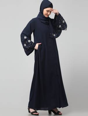 sleeves hand embrodery front open dubai style abaya with embroidered nida hijab 4