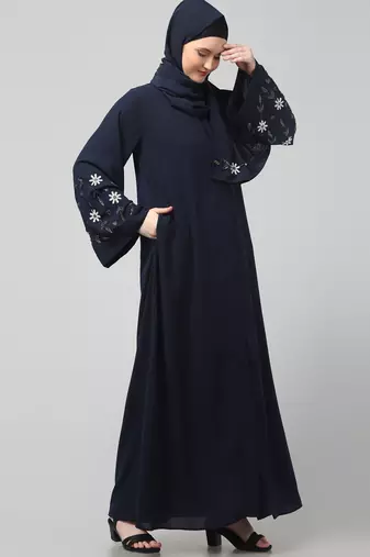 sleeves hand embrodery front open dubai style abaya with embroidered nida hijab