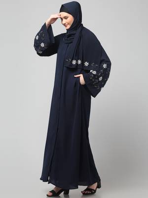 sleeves hand embrodery front open dubai style abaya with embroidered nida hijab 5