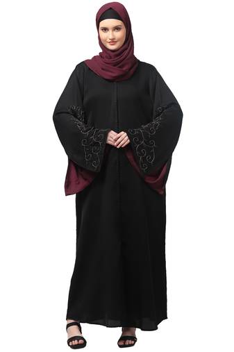 sleeves hand stone work with contrast inside slit front open abaya with hijab