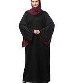 sleeves hand stone work with contrast inside slit front open abaya with hijab