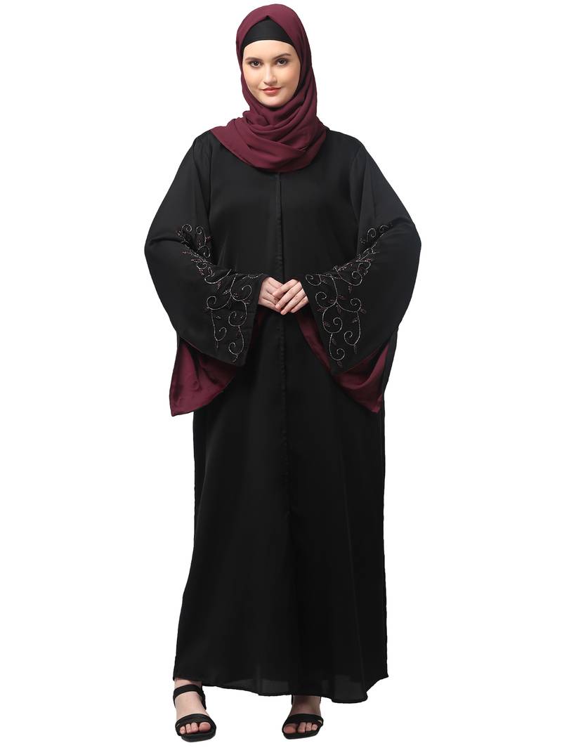 sleeves hand stone work with contrast inside slit front open abaya with hijab