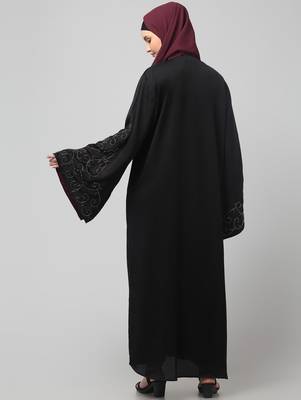 sleeves hand stone work with contrast inside slit front open abaya with hijab 2