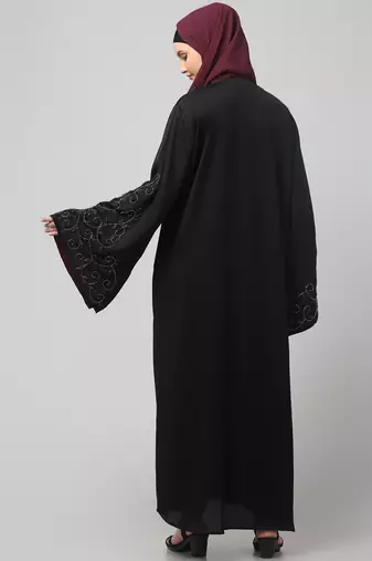 sleeves hand stone work with contrast inside slit front open abaya with hijab
