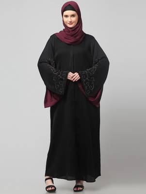 sleeves hand stone work with contrast inside slit front open abaya with hijab 3