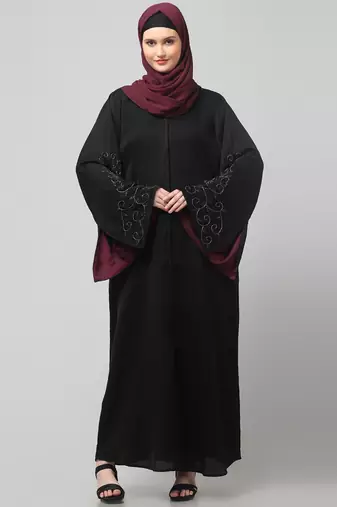 sleeves hand stone work with contrast inside slit front open abaya with hijab