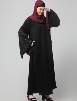 sleeves hand stone work with contrast inside slit front open abaya with hijab 4