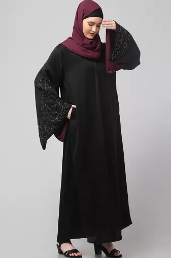 sleeves hand stone work with contrast inside slit front open abaya with hijab