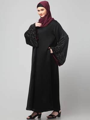 sleeves hand stone work with contrast inside slit front open abaya with hijab 5
